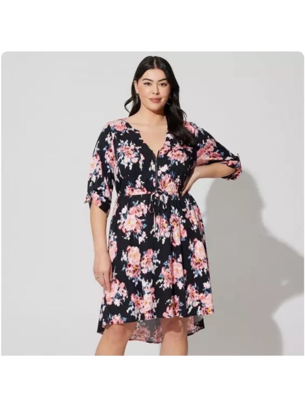 NWT Torrid Size 6/6x/30 Black Pink and Orange Floral Mini Shirt Dress Drawstring